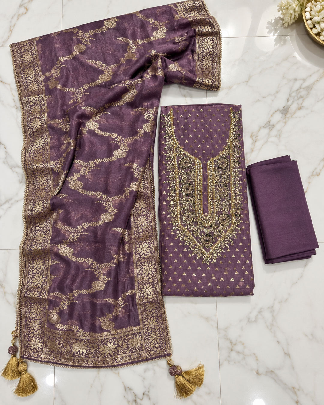Lavender Mul Chanderi  Dress Material